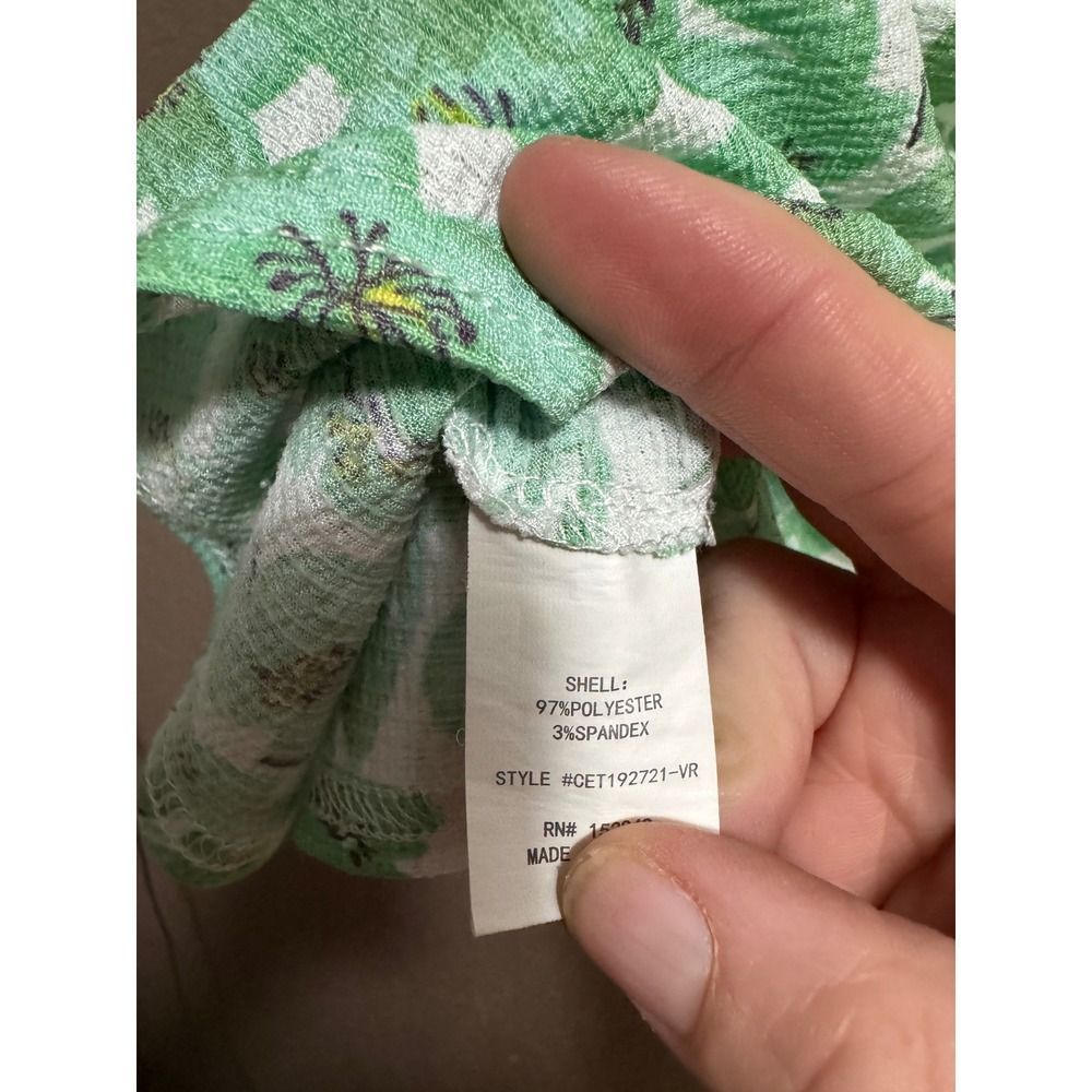 Melloday Smocked Mock Neck Blouse Womens XL Green Floral Flutter Sleeve - Picture 6 of 7